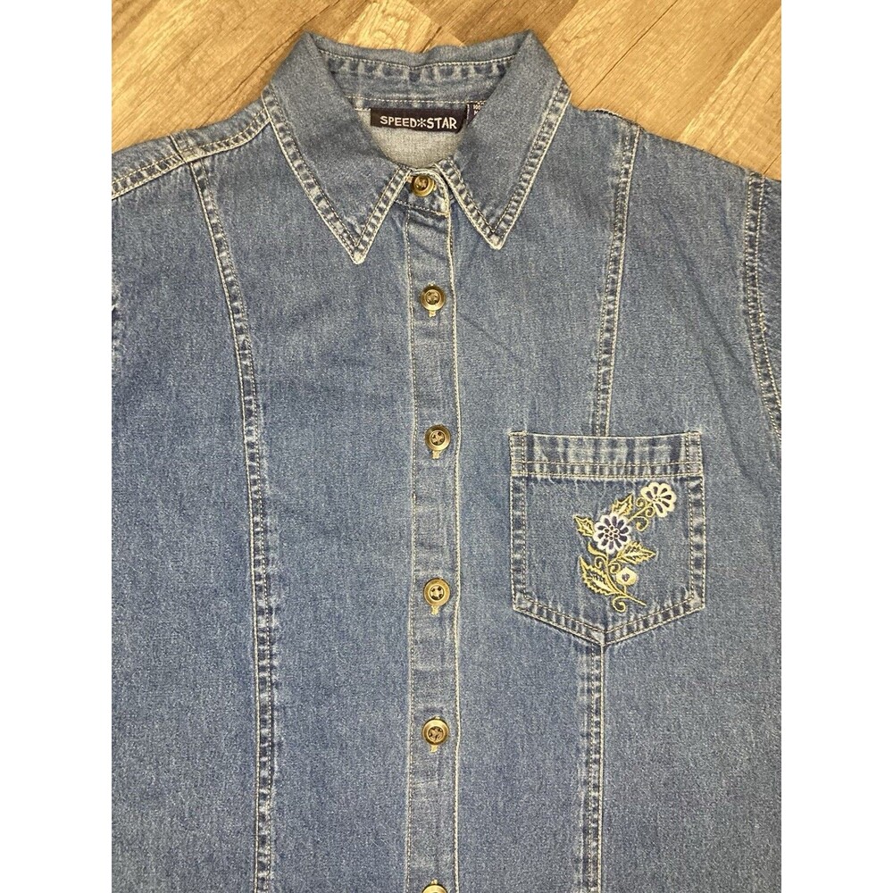 Y2K Blue Denim Shirt Women M Floral Embroidery Cotton Button Cottage Prairie VTG - Picture 2 of 7